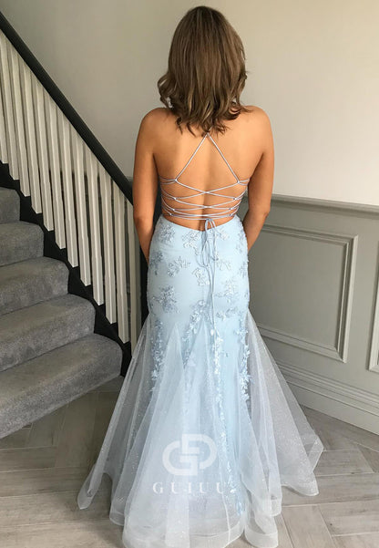 Sky Blue Spaghetti Straps V-Neck Corset Tulle Prom Dress