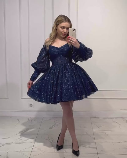 GH731 - A-Line Off-Shoulder Glitter Tulle Puffy Knee-Length Homecoming Dress