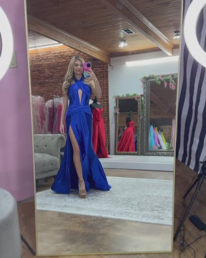 Sheath Halter Sleeveless Prom Dress with Slit Ruched Floor-Length Evening Party Dress