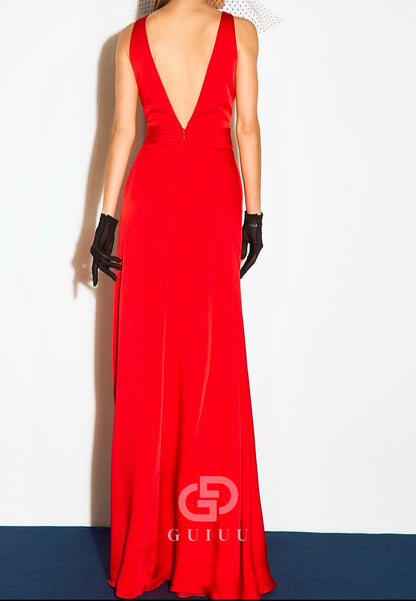 Red Spaghetti Straps V-Neck Backless Satin Mother of the Bride Dress