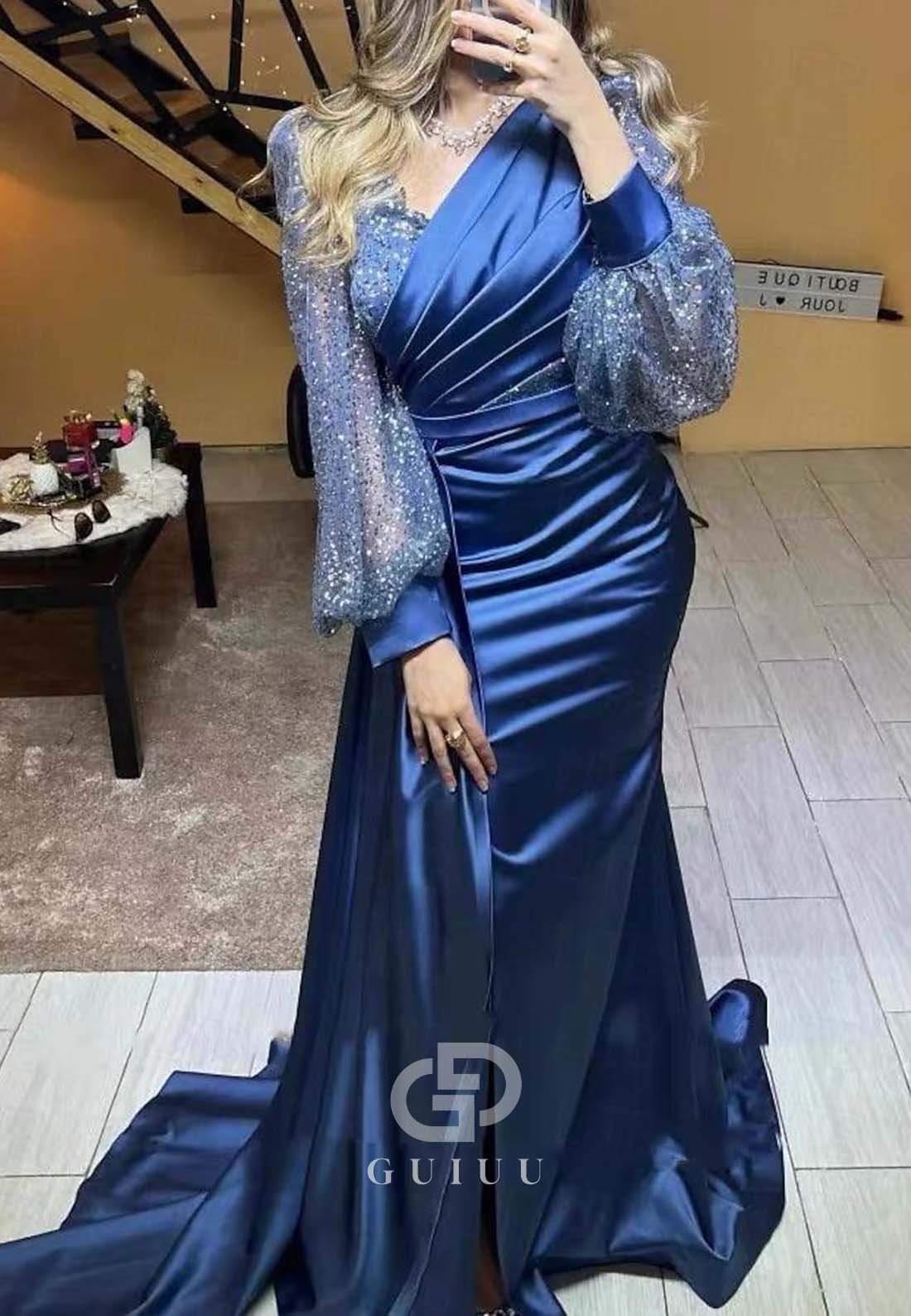 Long Sleeves V-Neck Sequins Ruched Sweep Train Evening Formal Dress