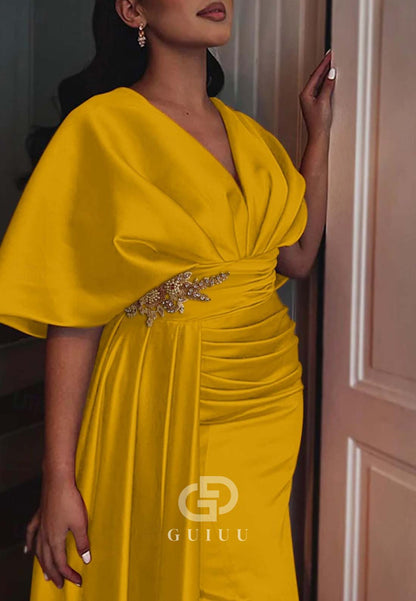 Sheath Cap Sleeves V-Neck Ruched Slit Evening Formal Dress