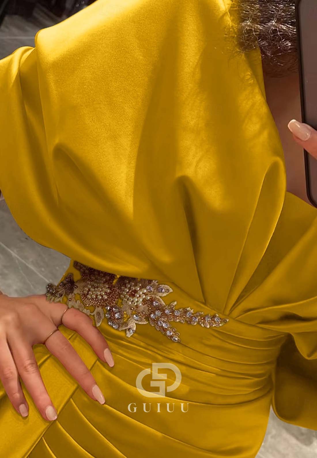 Sheath Cap Sleeves V-Neck Ruched Slit Evening Formal Dress