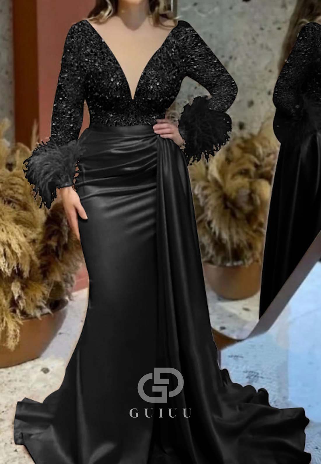 Mermaid Long Sleeves Deep V-Neck Ruched Feathers Evening Dress