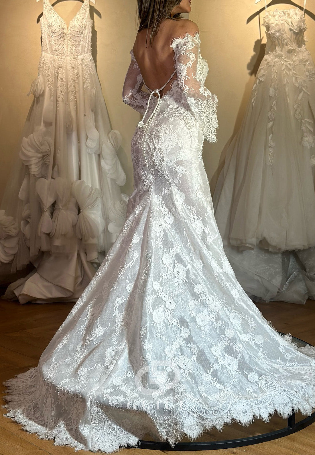 Long Sleeves Off-Shoulder Backless Lace Mermaid Wedding Dress