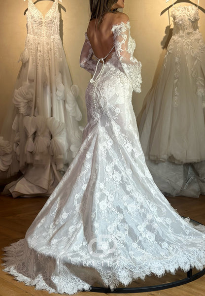 Long Sleeves Off-Shoulder Backless Lace Mermaid Wedding Dress