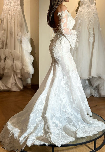 Long Sleeves Off-Shoulder Backless Lace Mermaid Wedding Dress