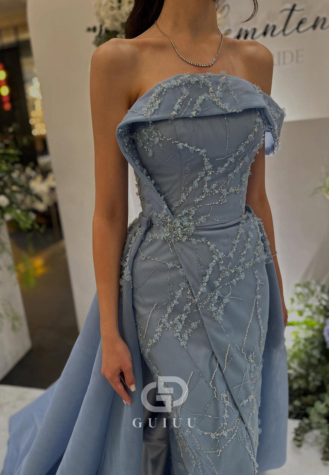 Sky Blue Sleeveless Off-Shoulder Slit Sequins Prom Dress