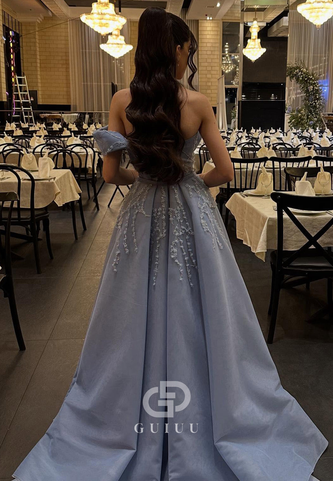 Sky Blue Sleeveless Off-Shoulder Slit Sequins Prom Dress