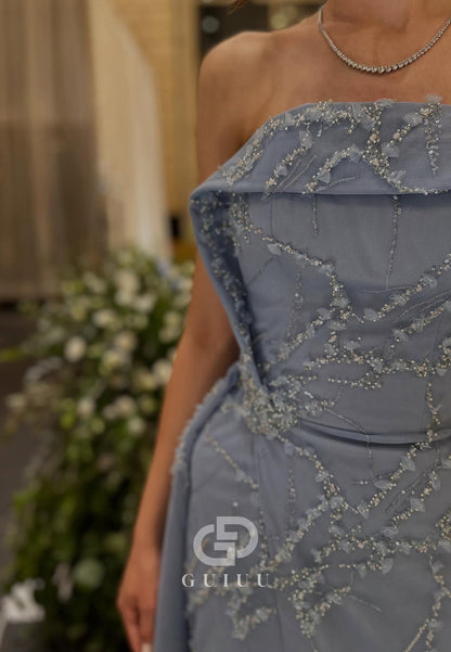 Sky Blue Sleeveless Off-Shoulder Slit Sequins Prom Dress