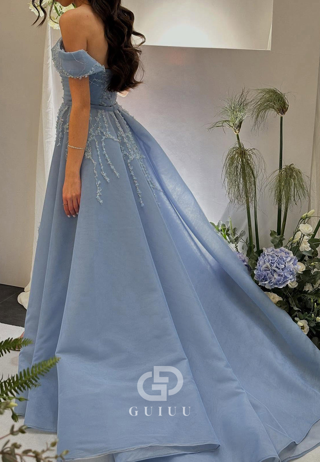 Sky Blue Sleeveless Off-Shoulder Slit Sequins Prom Dress