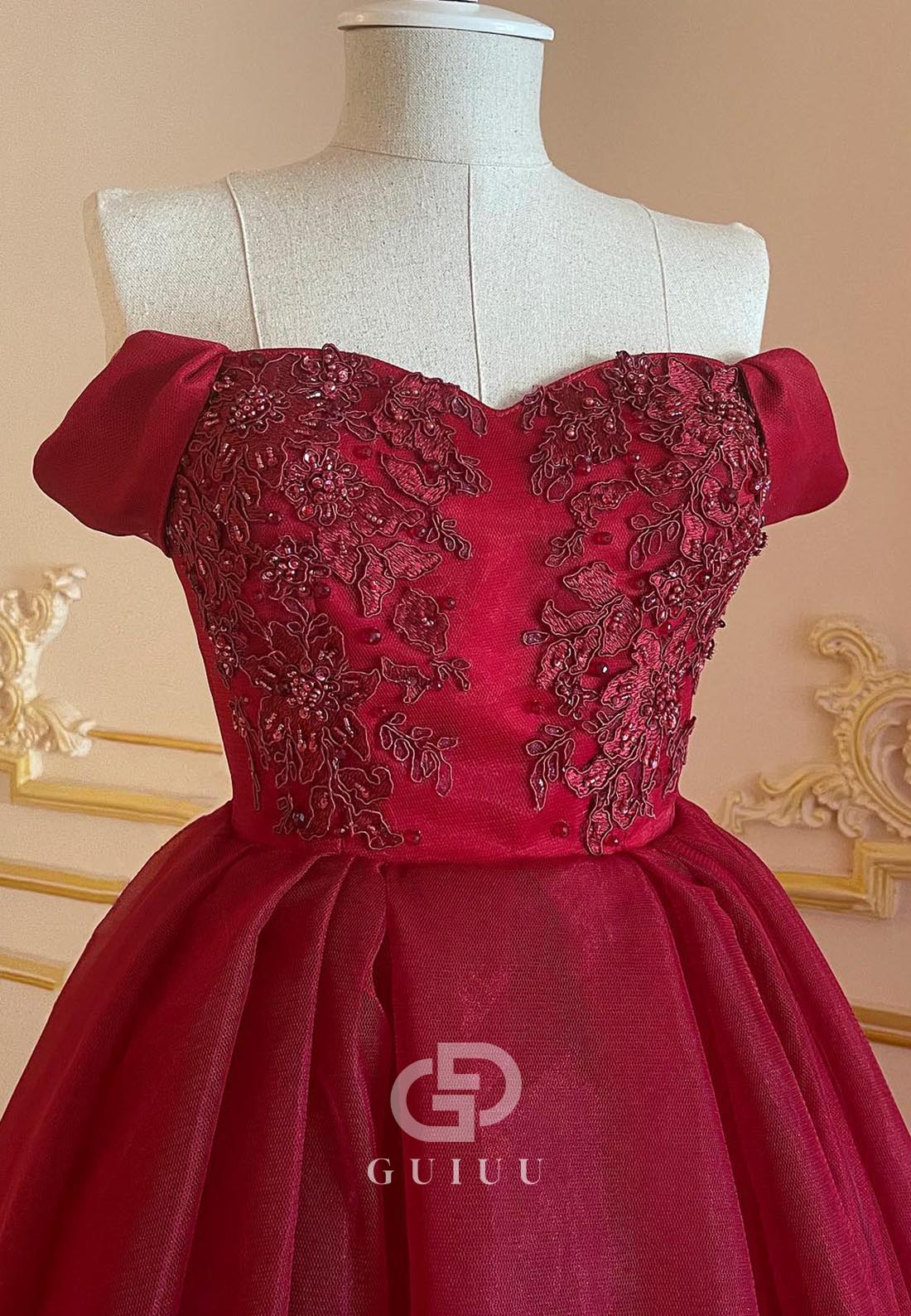 Burgundy A-Line Sleeveless Sweetheart Ruffles Evening Dress