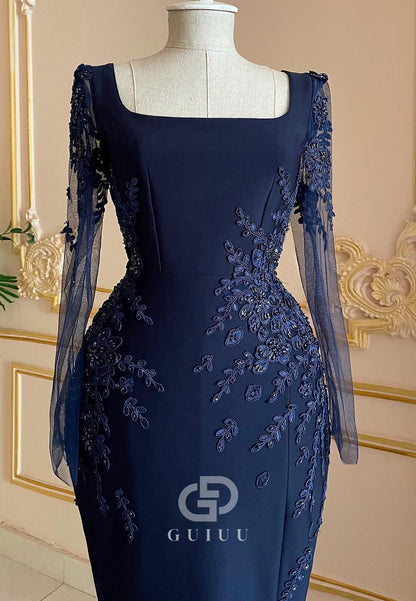 Dark Navy Long Sleeves Square Appliques Evening Dress