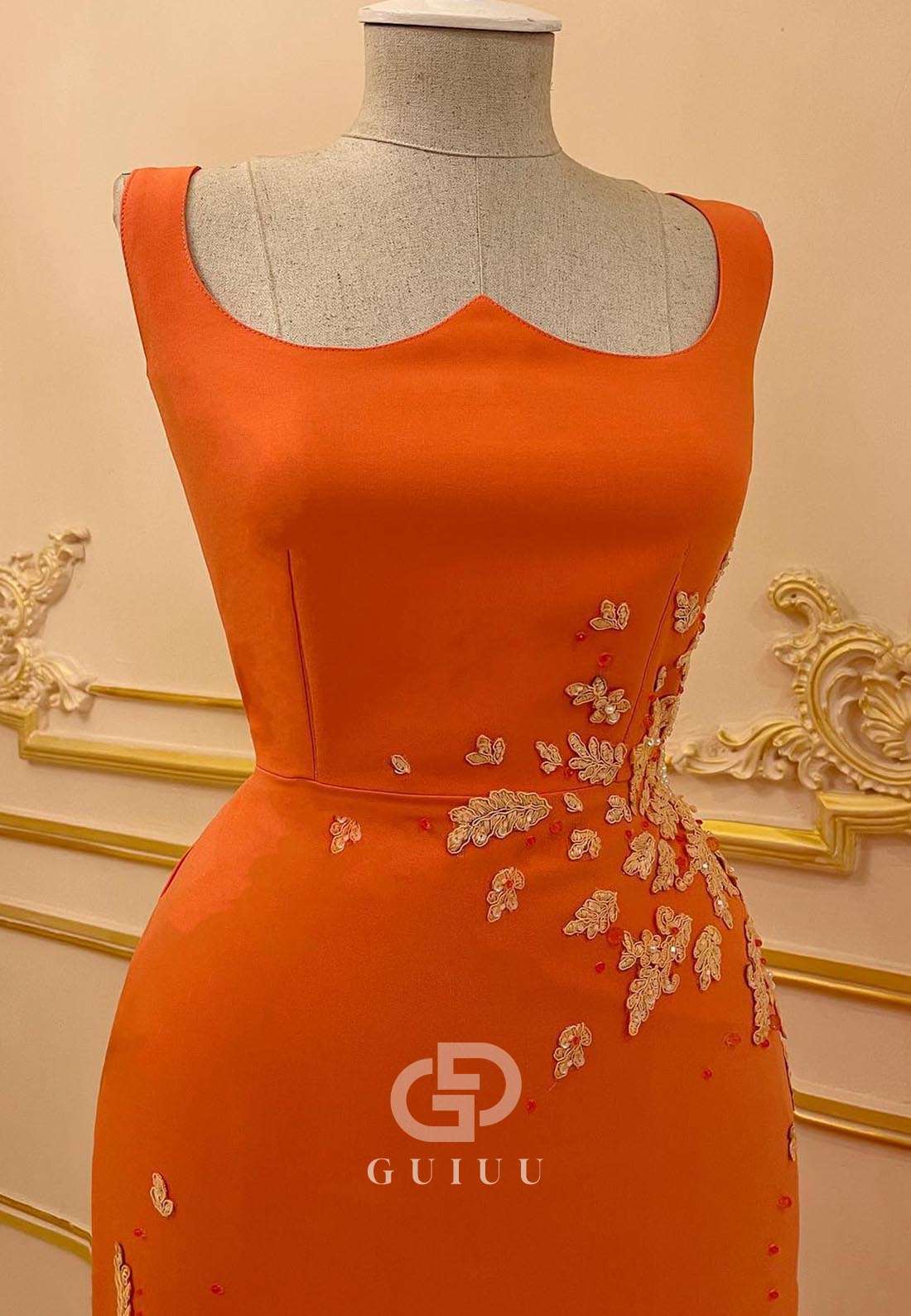 Papaya Spaghetti Straps Appliques Slit Evening Dress