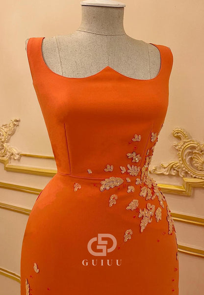 Papaya Spaghetti Straps Appliques Slit Evening Dress