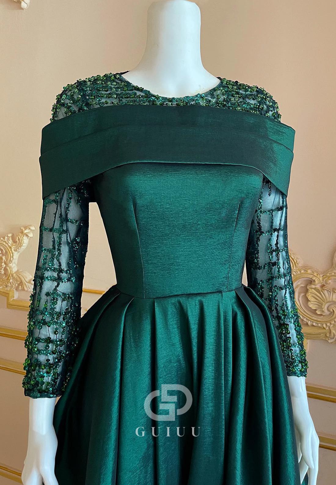 Dark Green Long Sleeves Empire-Waist Evening Dress