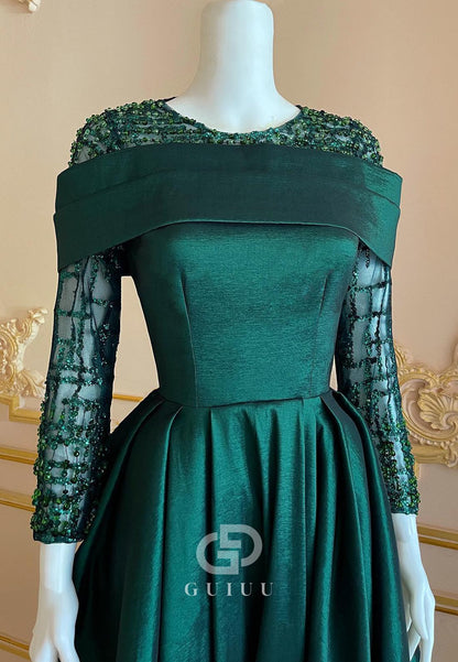 Dark Green Long Sleeves Empire-Waist Evening Dress