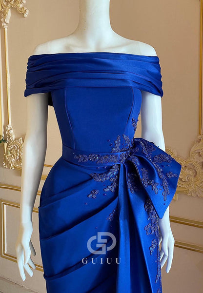 Royal Blue Off-Shoulder Appliques Ruched Evening Dress
