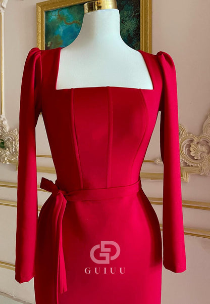 Red Long Sleeves Square Ruched Satin Evening Dress