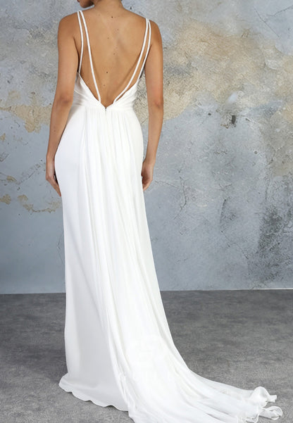 Simple Spaghetti Straps V-Neck Backless Wedding Dress