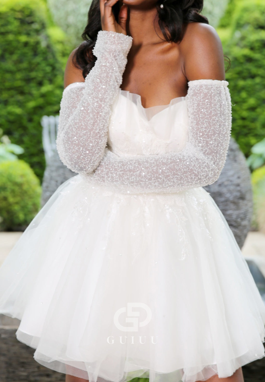 Long Sleeves Off-Shoulder Empire-Waist Short Wedding Dress