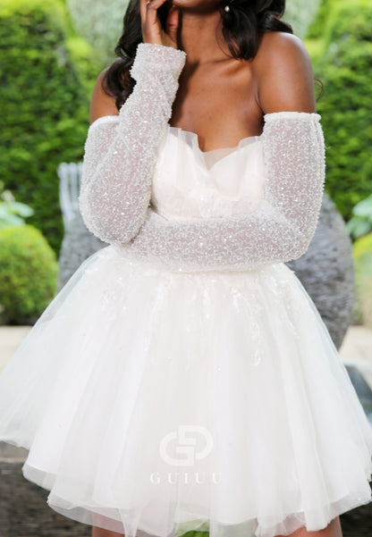 Long Sleeves Off-Shoulder Empire-Waist Short Wedding Dress