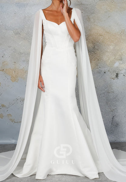 Simple Cape Scoop Mermaid Satin Wedding Dress