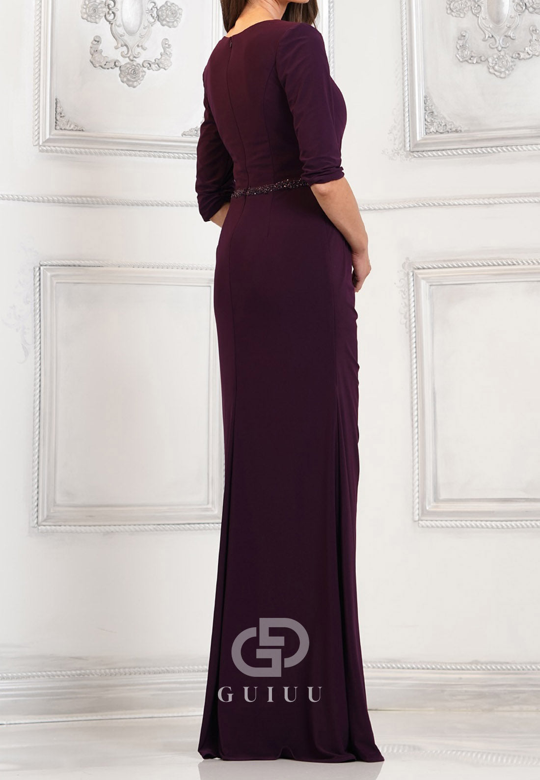 Plum Long Sleeves V-Neck Empire-Waist Mother of the Bride Dress