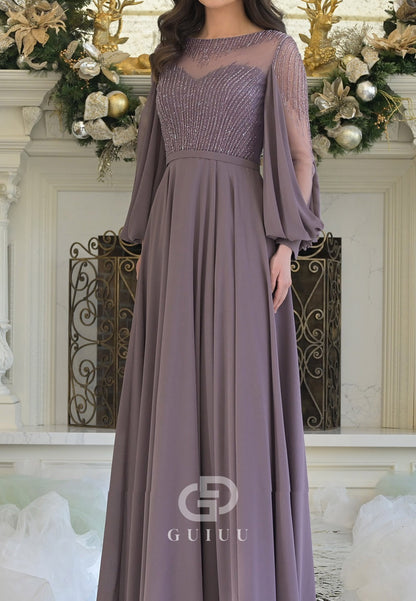 A-Line Long Sleeves Scoop Sequins Chiffon Mother of the Bride Dress