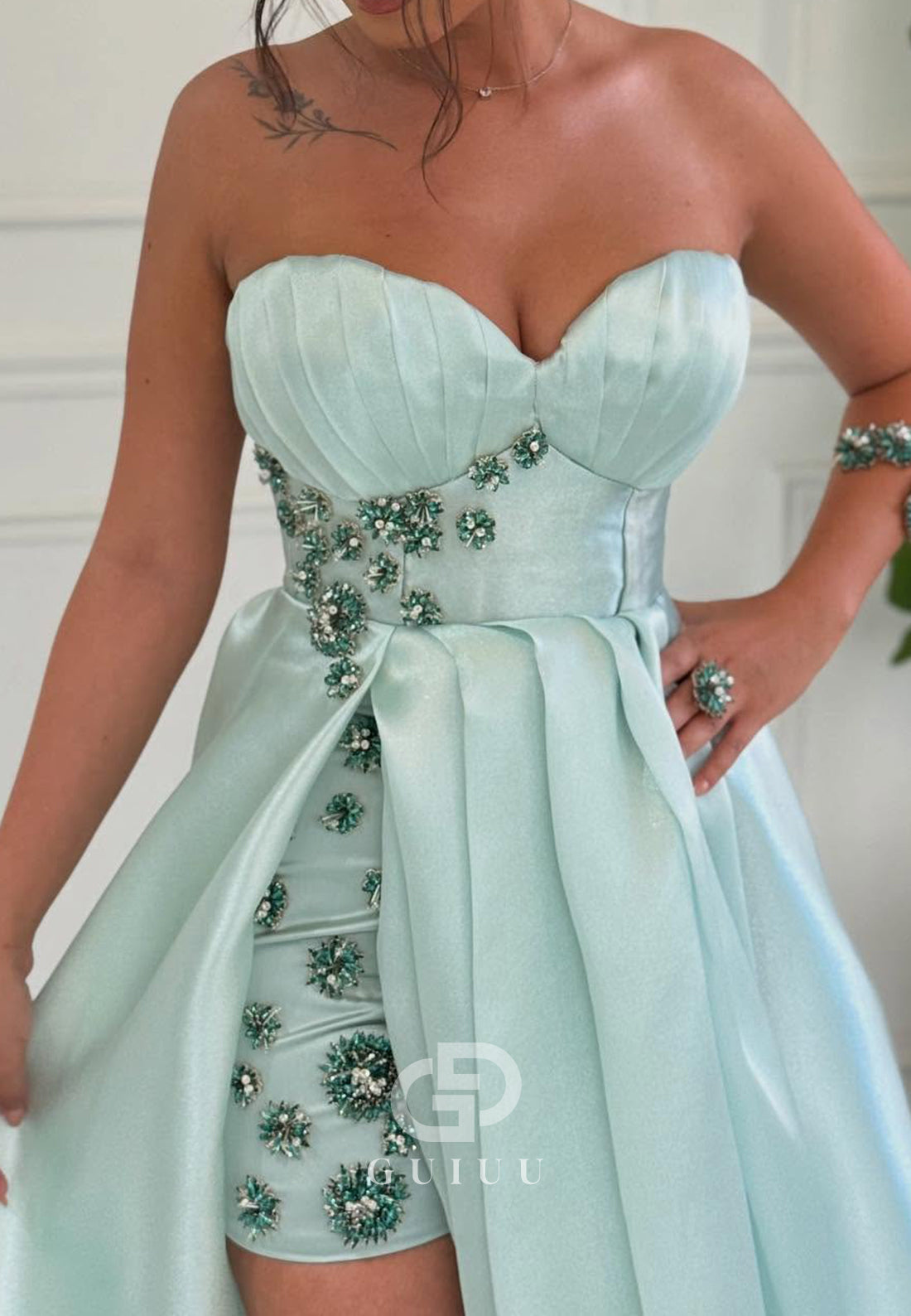 Mint Green Sleeveless Strapless Beads Slit Prom Dress