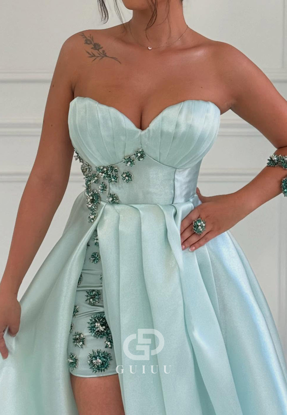 Mint Green Sleeveless Strapless Beads Slit Prom Dress