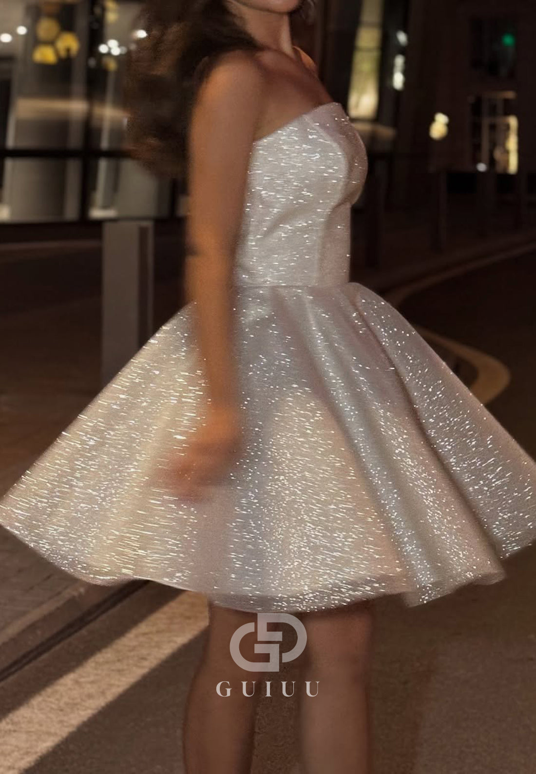 Sparkly Sleeveless Strapless Empire-Waist Short Homecoming Dress