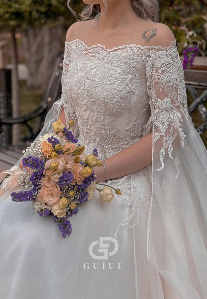 Elegant Off-Shoulder Cape A-Line Appliques Lace Wedding Dress