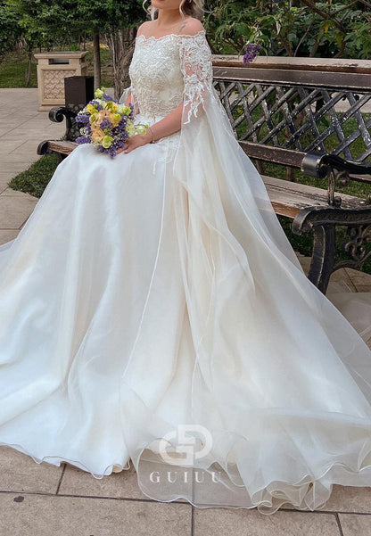Elegant Off-Shoulder Cape A-Line Appliques Lace Wedding Dress