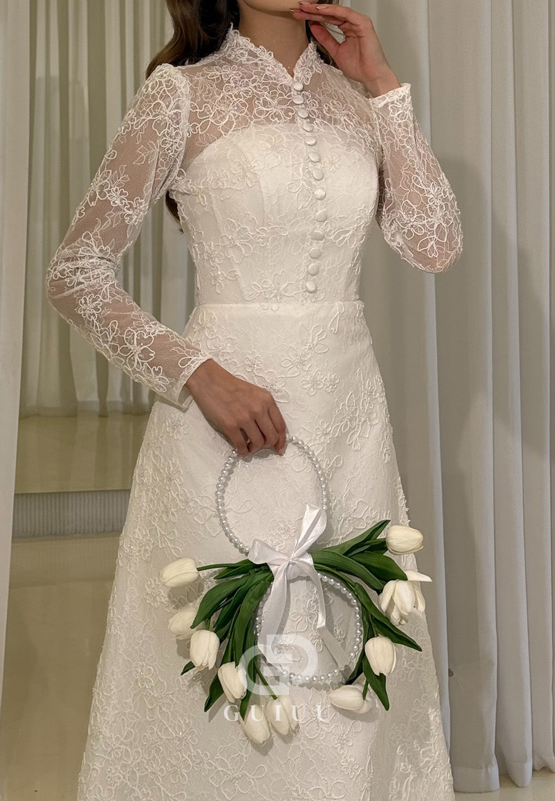 Elegant Long Sleeves High Neck Empire-Waist Wedding Dress GUIUU Elegant Long Sleeves High Neck Empire-Waist Wedding Dress GUIUU