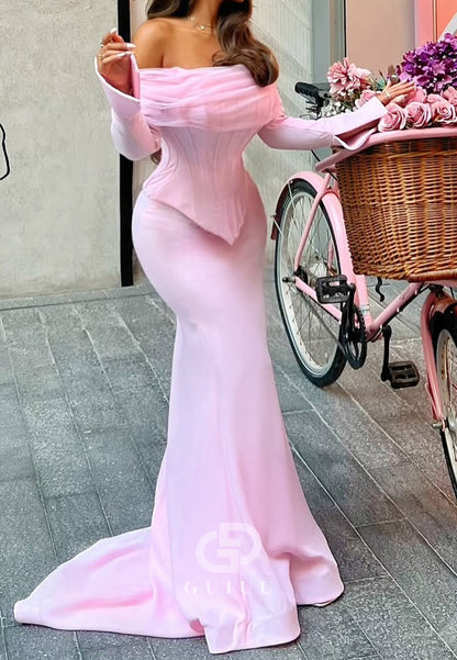 Blushing Pink Long Sleeves Ruched Mermaid Prom Dress