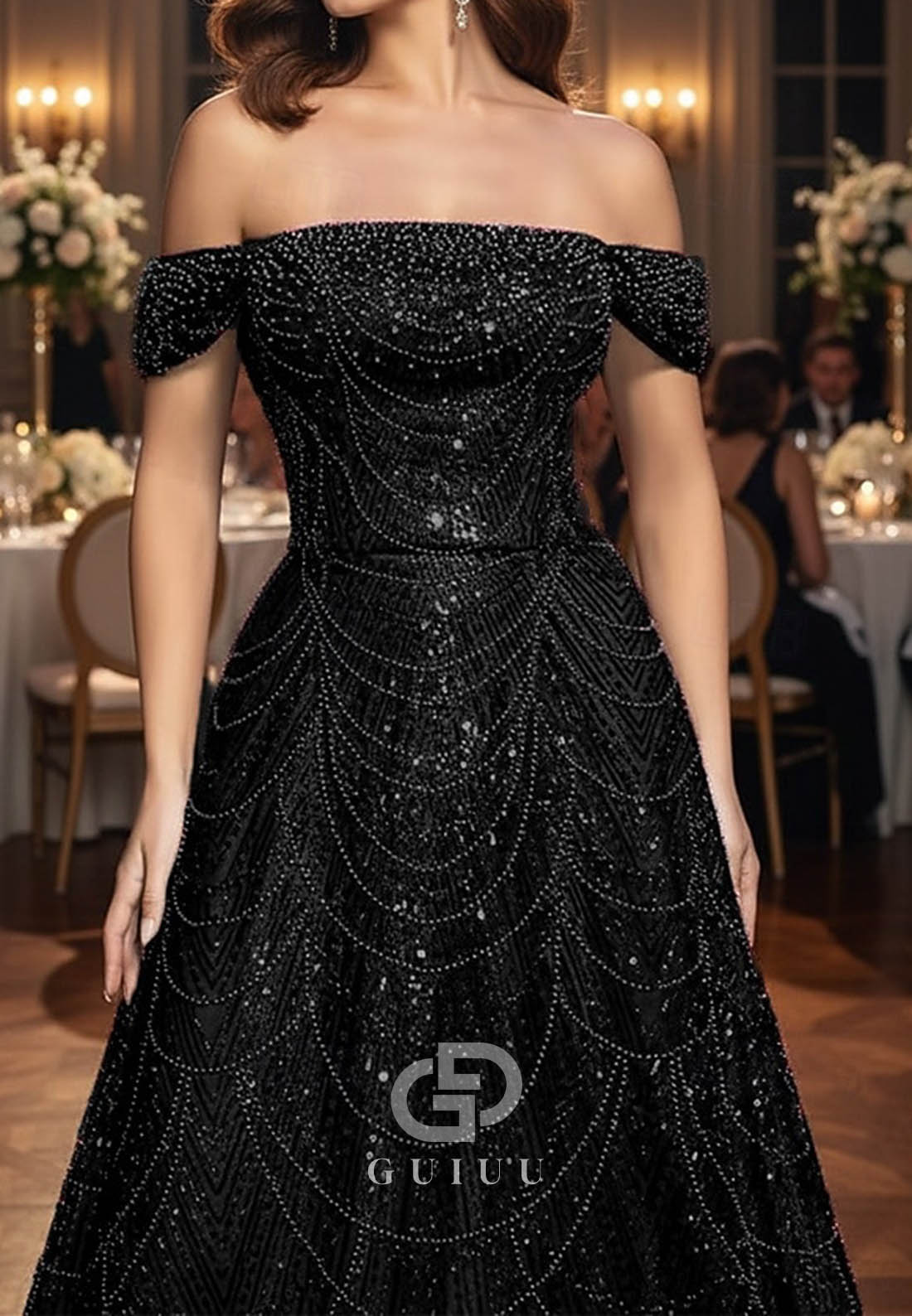 A-Line Off-Shoulder Cap Sleeves Sequins Evening Dress