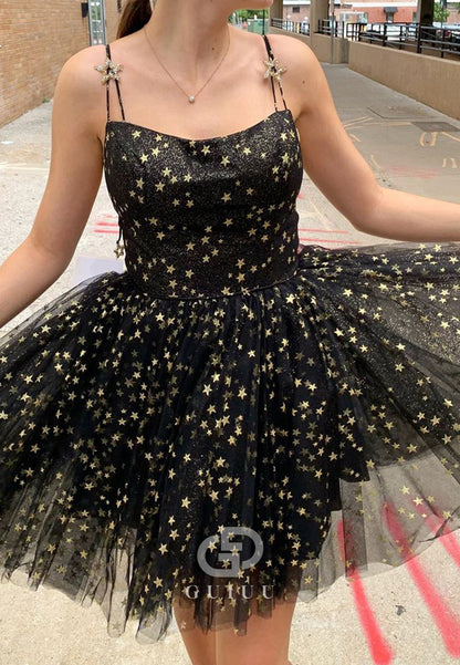 Black Spaghetti Straps Scoop Stars Printed Short Homecoming Dress