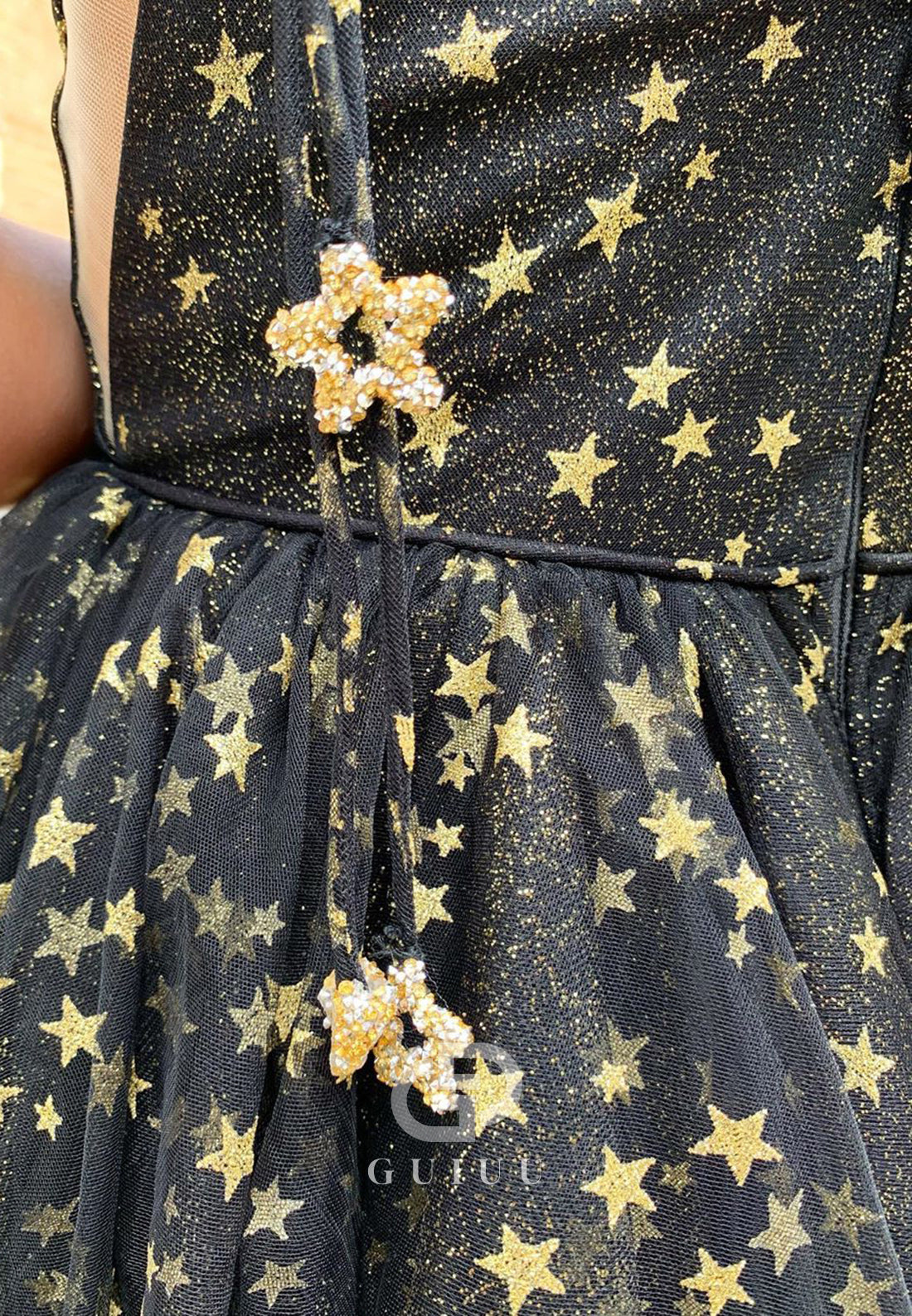 Black Spaghetti Straps Scoop Stars Printed Short Homecoming Dress