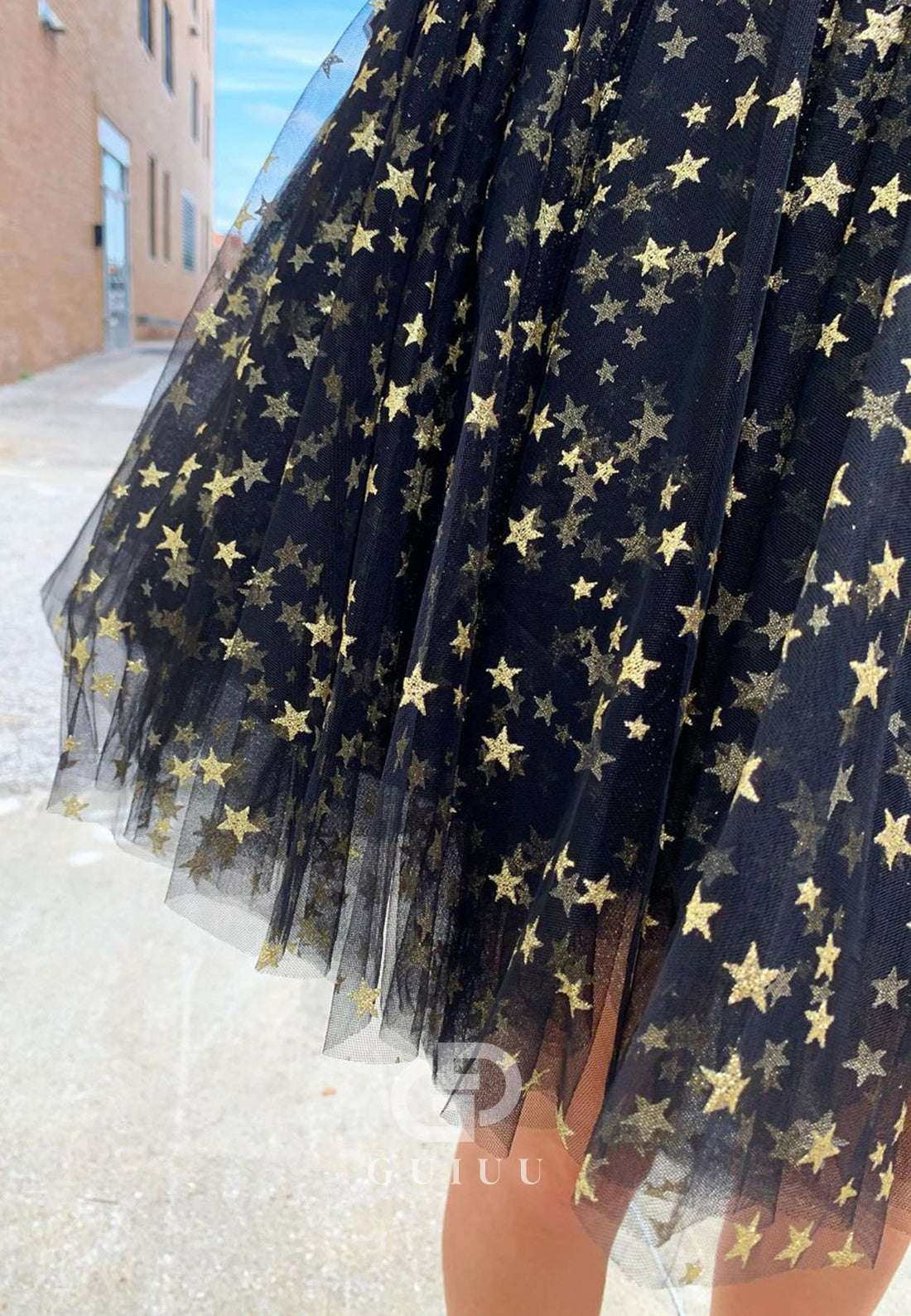 Black Spaghetti Straps Scoop Stars Printed Short Homecoming Dress