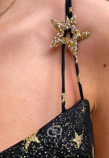 Black Spaghetti Straps Scoop Stars Printed Short Homecoming Dress