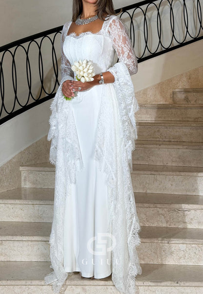 Long Sleeves Square Ruched Satin Mermaid Wedding Dress