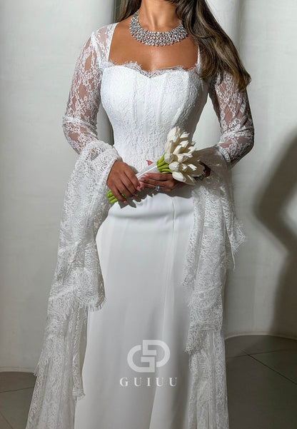 Long Sleeves Square Ruched Satin Mermaid Wedding Dress
