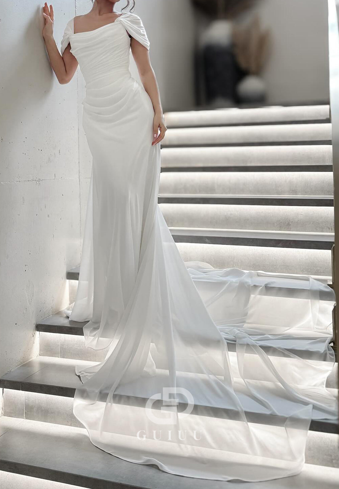 Simple Short Sleeves Square A-Line Satin Wedding Dress