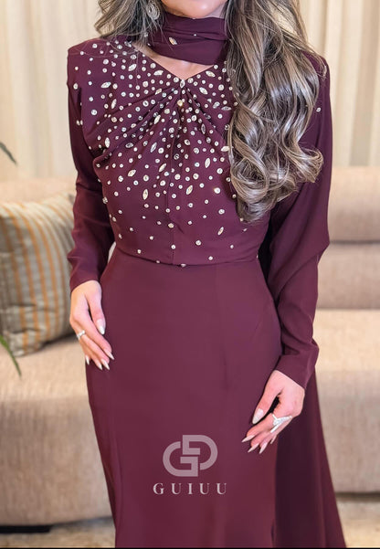 Mermaid Long Sleeves High Neck Sequins Sweep Train Evening Dress