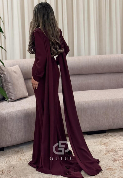 Mermaid Long Sleeves High Neck Sequins Sweep Train Evening Dress