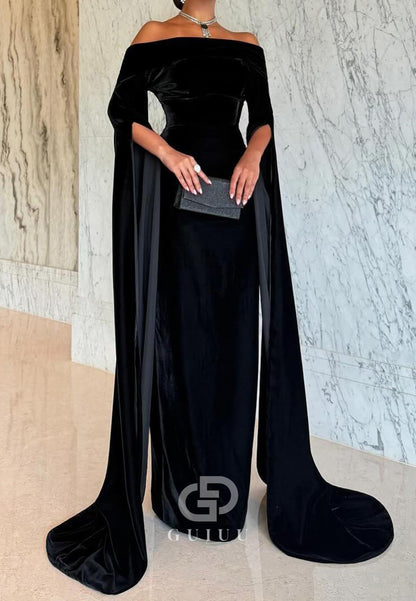 Velvet Pleats Off-Shoulder Long Sleeves Evening Dress