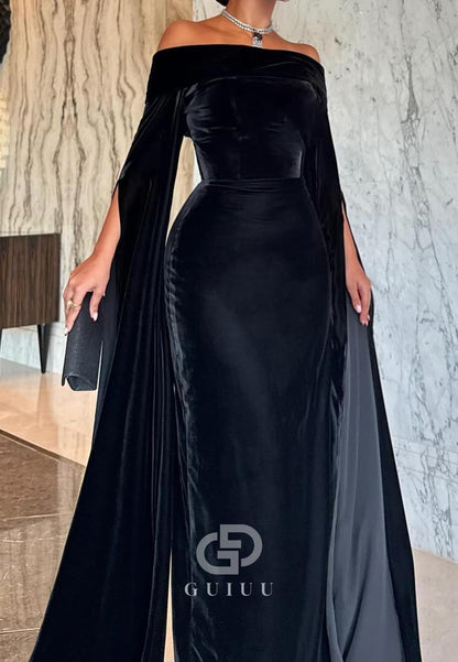 Velvet Pleats Off-Shoulder Long Sleeves Evening Dress
