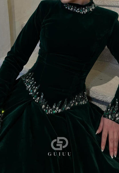 Black Long Sleeves High Neck Sequins Corset Evening Dress