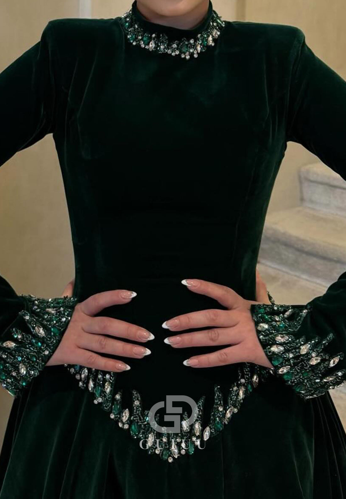 Black Long Sleeves High Neck Sequins Corset Evening Dress